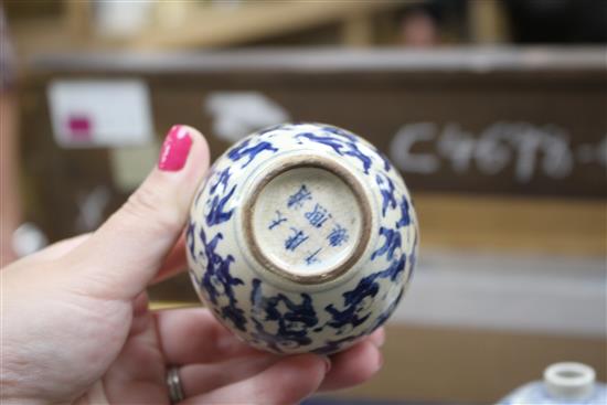 Two Chinese crackleglaze small blue and white vases, painted with figures, late 19th century plus wood scholars stand, tallest 7cm